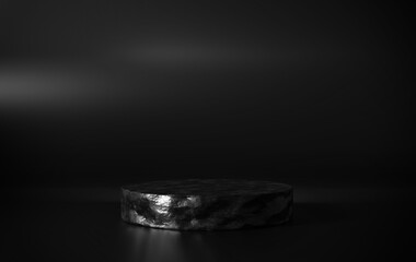 Aufkleber - Blank Exhibition stage backdrop or empty product shelf. rock pedestal of platform display modern stand podium on black room background, 3D rendering