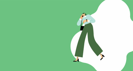 Girl walking and talking on phone. Cartoon characters isolated on background