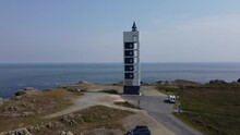 Punta Frouxeira Lighthouse From A Drone Eye View In Valdovino. High Quality 4k Footage