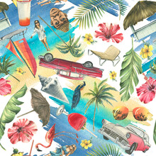 Cuban Print, Retro Cars, Palm Trees, Pink Flamingos, Sea, Sand, Shells, Flowers. Watercolor Illustration. Bright, Beachy, Seamless Pattern. For Fabrics, Textiles, Wallpaper, Clothing, Accessories.
