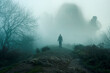 A giant spooky entity, emerging from the fog. As a person looks up. On a bleak winters day in the countryside.