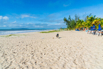 Clear and dense sand against blue sky with clouds and strong sun on beach