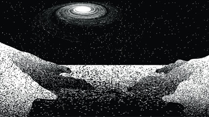 spiral galaxy in space. futuristic landscape, with noise texture . night landscape .vector illustrat