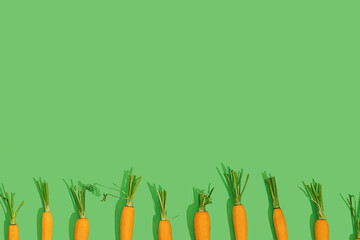 Fresh young bio orange carrot with green leaf haulm in a row on a bright color green background with copy space on a sunny day with sharp shadows. Healthy diet eating concept. Raw food idea.