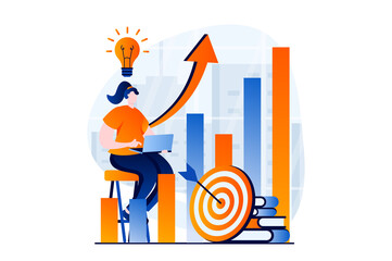 Wall Mural - Business making concept with people scene in flat cartoon design. Businesswoman develops business, launch new project, increases income and develops startup. Vector illustration visual story for web