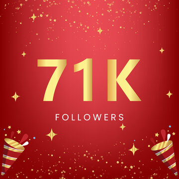 Thank you 71k or 71 thousand followers with gold bokeh and star isolated on red background. Premium design for social media story, social sites posts, greeting card, social networks, poster, banner.