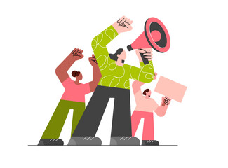 A crowd of angry women of different races with a loudspeaker and megaphone at a protest. A woman with a placard at a rally. Feminism. Girl Power. Flat vector illustration isolated on white background.