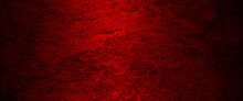 Dark Red Horror Scary Background. Dark Grunge Red Texture Concrete, Halloween Theme. Red Background. Wall With Blood Splatter And Grunge.