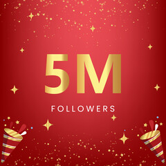 Thank you 5M or 5 million followers with gold bokeh and star isolated on red background. Premium design for social media story, social sites posts, greeting card, social networks, poster, banner.