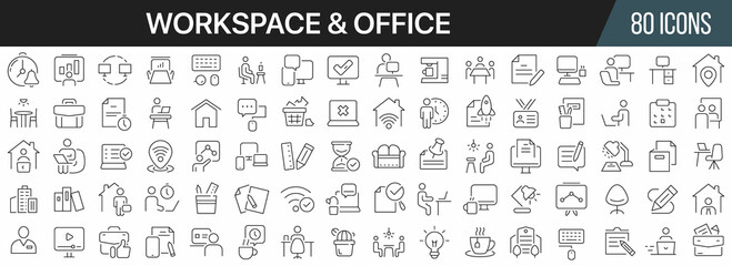 Workspace and office line icons collection. Big UI icon set in a flat design. Thin outline icons pack. Vector illustration EPS10