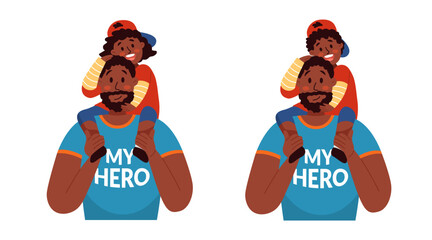 Strong black dad carrying son and daughter on his shoulders