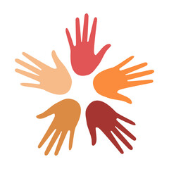 Wall Mural - The hands of multiethnic people are arranged in a circle on a white background. Loving hands show support. Vector.