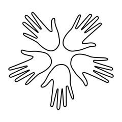 Wall Mural - The hands of multiethnic people are arranged in a circle with a black outline on a white background. Coloring. Loving hands show support. Vector.