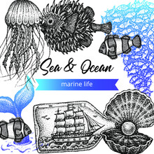 Sea Ocean Dotwork Poster. Vector Illustration Of Handdrawn Tattoo Sketch Concept.