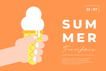 Summer festival minimal trendy horizontal poster with ice cream in hand. Carnival funfair minimalistic creative design flyer. Holiday fun fair festive simple flat vector eps greeting card