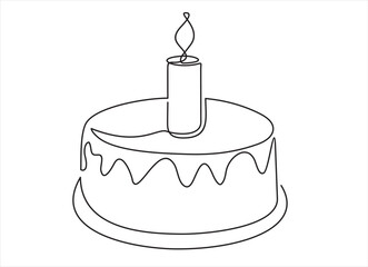 Wall Mural - Continuous line drawing of birthday cake. Cake with sweet cream and a candle. Birthday celebration concept isolated on white background. Hand drawn design vector illustration
