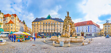 Panorama of Cabbage Market Square with market stalls and Parnas Fountain in the middle, Brno, Czech Republic