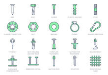 Fasteners Line Icons. Vector Illustration Include Icon - Clamp, Plastic Dowel, Nail, Pin, Iron Nut, Fixture, Bolt Outline Pictogram For Coupling Constructions. Green Color, Editable Stroke