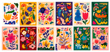 Trendy Posters And Cards With Flowers And Abstract Patterns. Summer Bright Colourful Abstract Collection Of Posters. Set Of Amazing Floral Designs For Notebook Covers.