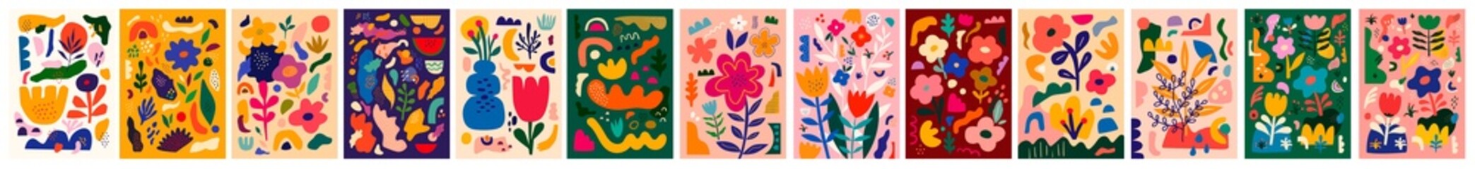 Wall Mural - Trendy posters and cards with flowers and abstract patterns. Summer bright colourful abstract collection of posters. Set of amazing floral designs for Notebook covers.