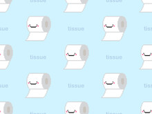 Tissue Cartoon Character Seamless Pattern On Blue Background. Pixel Style