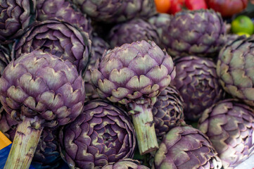 Wall Mural - Big purple globe artichokes heads on farmers market in Brittany, France