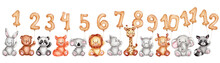 Set With Animals And Balloons Numbers; Watercolor Hand Drawn Illustration; With White Isolated Background