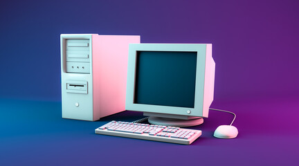 3D rendering, Close up white PC computer set mock up, side view shot, empty space for copy, pink and purple neon color background.