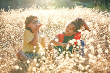 Playful Boy And Girl In Casual Clothes Sitting Amidst White Flowers Spending Leisure Time On Sunny Summer Day