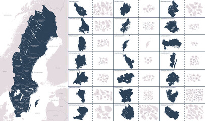 Wall Mural - Vector color detailed map of Sweden with the administrative divisions of the country, each Regions is presented separately and divided into Municipalities