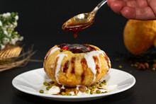 Raj Kachori - Popular Indian Chaat Which Crispy Fried Shells (kachori) Filled With Potatoes, Boiled Moong Dal, Yogurts, Spices, Chutneys And Topped With Various Garnishes!
