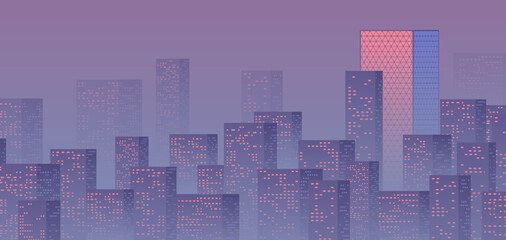 Wall Mural - Violet sunset over the business city with skyscrapers. Purple highrise cityscape background in 80s style with sun reflections in the windows