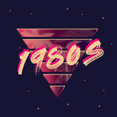 Wall Mural - 980s retro neon logo. 80's logo design with beach palm and abstract triangle. vector print for t-shi