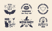 Halloween Vintage Emblems. Bat, Black Cat, Witch, Ghost Emblems. Halloween Label, Badges Designs. Retro Prints For T-shirt, Typography. Vector Illustration