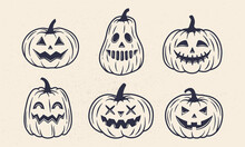 Vintage Halloween Pumpkin Icons Isolated On White Background. Halloween Pumpkins Set. Monsters Faces. Design Elements For Logo, Badges, Banners, Labels, Posters. Vector Illustration