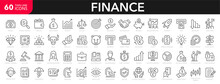 Finance Line Icons Set. Money Payments Elements Outline Icons Collection. Payments Elements Symbols. Currency, Money, Bank, Cryptocurrency, Check, Wallet, Piggy, Balance, Safe - Stock Vector.