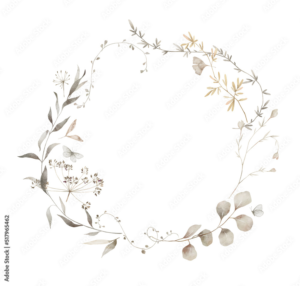 Watercolor wreath with wild branches, grass, plants. Floral frame ...