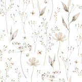 Fototapeta Konie - Watercolor seamless pattern with ethereal wildflowers, leaves. Wild plants, flowers, branches. Nature floral background