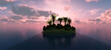 Island With Palm Trees At Sunset, Silhouettes Of Palm Trees Against The Background Of The Setting Sun Over The Water, 3d Rendering