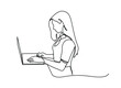 One line woman writing and study with help laptop.Continuous one line drawing of a woman. Business concept. Beautiful woman sits on the floor and holding laptop isolated on a white background. Vector 