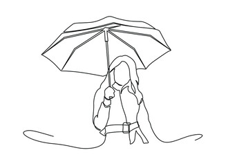 Wall Mural - Continuous one line drawing of woman holding umbrella. Continuous Line Drawing of young woman with an umbrella cane. Girl with umbrella awesome and pretty continuous line drawing minimalist design.