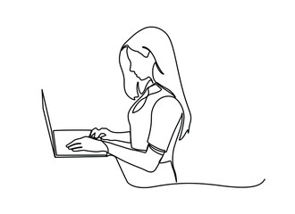 One line woman writing and study with help laptop.Continuous one line drawing of a woman. Business concept. Beautiful woman sits on the floor and holding laptop isolated on a white background. Vector 