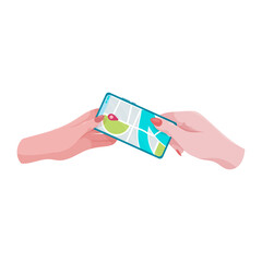 Wall Mural - Hands holding a phone or tablet. Phone with map and marker. Mobile gps navigation and path tracking concept. The woman is holding a phone in her hand. Vector illustration.