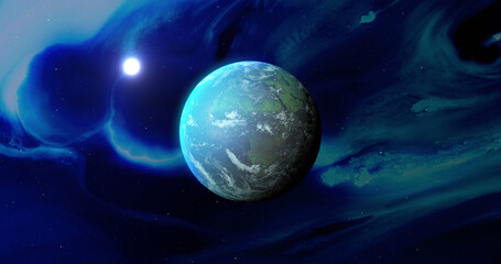 Sticker - image of blue planet and moon in blue space