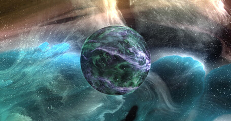Sticker - image of green planet in blue and yellow galaxy