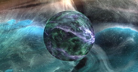 Sticker - image of green planet in blue and yellow galaxy