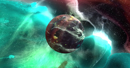 Sticker - image of brown planet in green galaxy