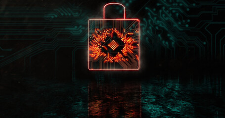 Poster - Image of glowing orange security padlock over blue processor socket