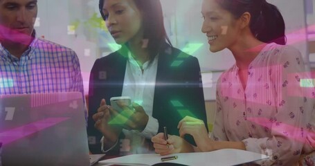 Poster - Glowing tunnel in seamless pattern over diverse office colleagues discussing at office