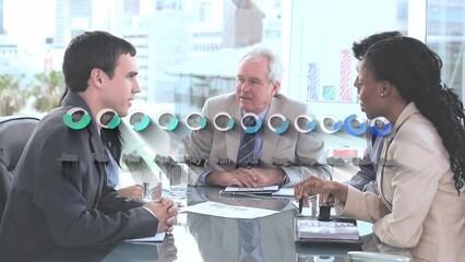 Wall Mural - Statistical data processing over diverse businesspeople high fiving each other at office